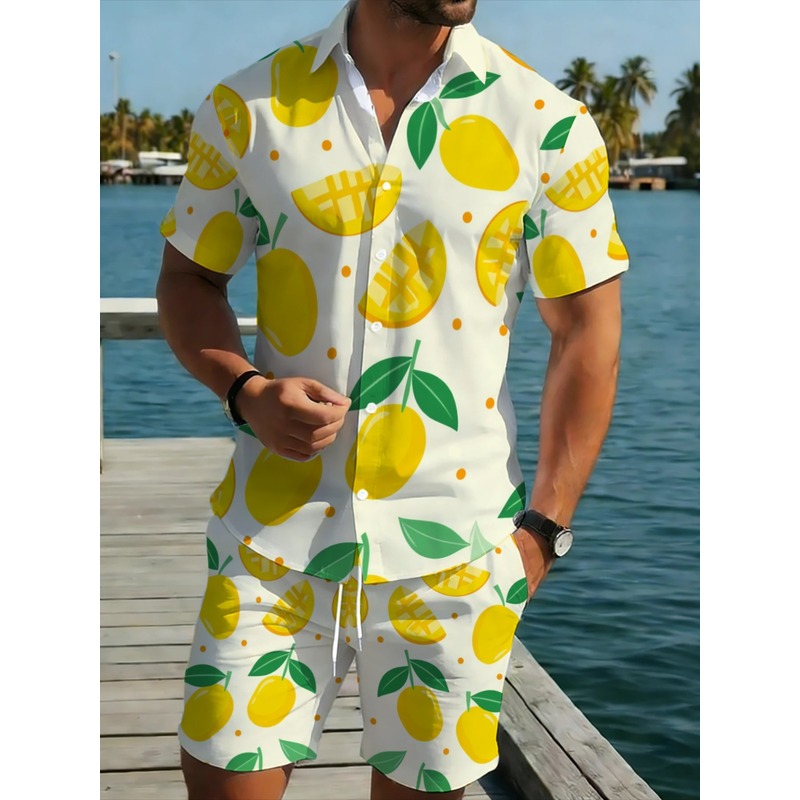 Short Linen Drawstring - طقم قميص كتان مطبوع بأكمام قصيرة