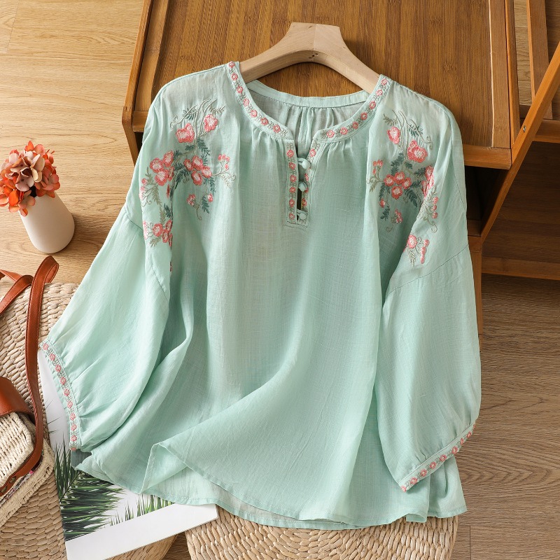 النمط الصيني الملابس النسائية  - مراجعة Linen Shirt Breathable وسعره