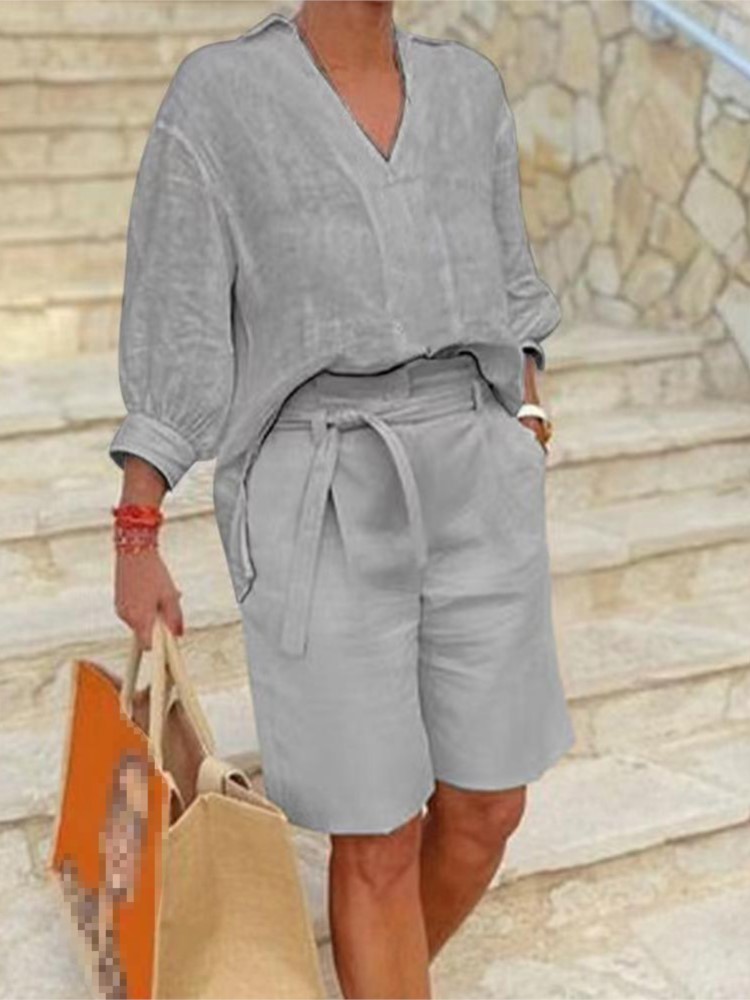 بدلات نسائية طقم مكون من قطعتي - مراجعة Linen Shirt Breathable وسعره